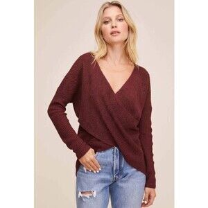 ASTR The Label women's Wrap Front V Neck Sweater In Burgundy Brown Size S